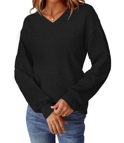 NORACORA Women's V Neck Fall Sweaters Crochet Soft Lightweight Ribbed Knit Loose Pullover Sweater Long Sleeve Tops 2025 Trendy Outfits Black - Thumbnail 3
