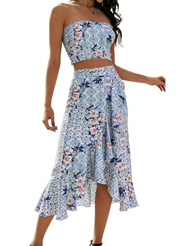 Angashion Women's 2 Piece Dress Floral Crop Top Maxi Skirt Set Outfit Dress with Pockets 2501 White Medium - Image 1