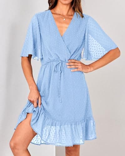 KIRUNDO Womens Summer Dresses 2026 Casual Spring Short Sleeve V Neck Ruffle Swiss Dot High Waist Belted Flowy Mini Dress, Style2-light Blue, Small - Thumbnail 3