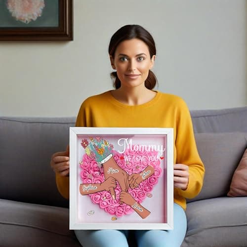 ROSLILY Custom Mom Flower Shadow Box with Kid's Name We Love You Mom Flower Box Picture Frame for Mom Grandma Family Anniversary Birthday (Brown Hand by Hand, 8*8in/20*20cm) - Thumbnail 6