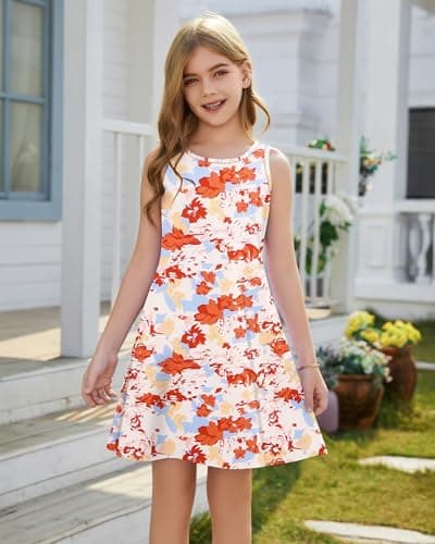 Girls Sleeveless Summer Dress Kids Crewneck Casual Mini Floral A Line Beach Sundresses with Pockets 5-14 Years Red Pink Flower XS - Thumbnail 4