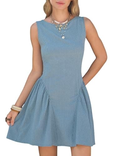 EXLURA Womens Summer Casual Cotton Gingham Dresses Back Elastic Waist Sleeveless Faux Linen Elegant Mini Short Beach Dress Blue - Image 1