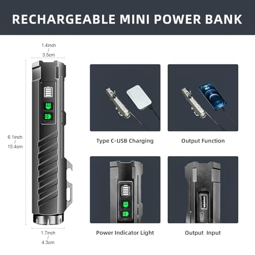 RYCELYSIAN EDC Flashlight Rechargeable with 1600 Lumens 7 LED Modes Magnetic Base and Bottle Opener Waterproof Small Flashlight with Red Beam for Home Outdoor Camping and Emergency（Silvery - Thumbnail 2