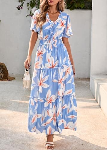 KIRUNDO Spring Summer Wedding Guest Dresses for Women 2026 Boho Floral Short Sleeve V Neck Ruffle Tiered Flowy Maxi Dress(Sky Blue, XX-Large) - Thumbnail 3