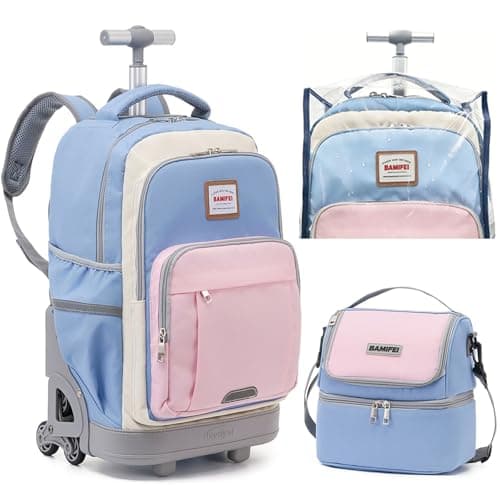 BAMIFEI 18 Inch Blue Pink Rolling Backpack for Girls, Climb Stairs Girls Rolling Backpack Carry On Wheeled School Backpack, Spacious Multiple Compartments Quiet Wheels Travel Backpack for Kids - Image 1