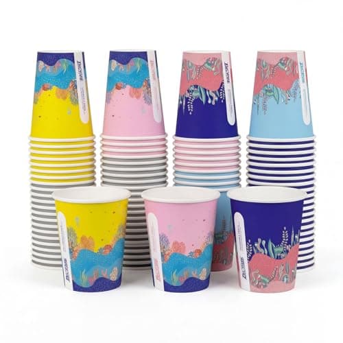 Biotakeware 100 Pcs 12oz Paper Cups for Kids, 4 Unique Ocean Theme Designs, Disposable Bulk Hot & Cold Drinking Coffee Cups for Birthday Parties, Holidays, Picnics, Travel and Special Events - Image 1
