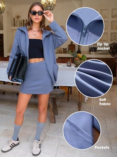 EXLURA Women 2 Piece Skirt Sets Airport Outfits Zip Up Sweatshirt Matching Skorts Tennis Sweatsuits Travel Tracksuit 2026 - Thumbnail 2