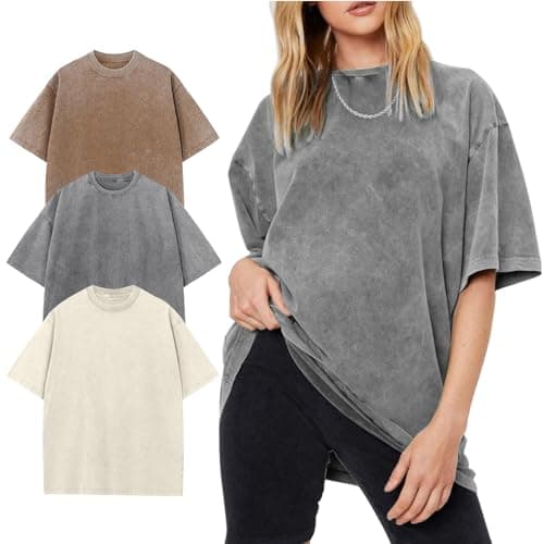 Yimoon Oversized Tshirts for Women Acid Wash Cotton Tee Shirts Baggy Boyfriend Vintage Streetwear Tops(Greykhakibeige-M) - Image 1