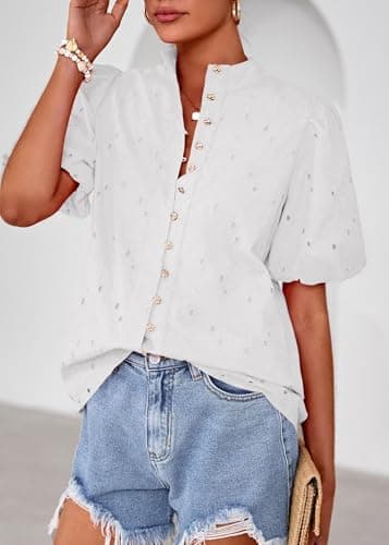Lazysmile Summer Boho Tops for Women Short Sleeve V Neck Button Down Hollow Out Lace Embroidered Blouses Shirts White - Thumbnail 5