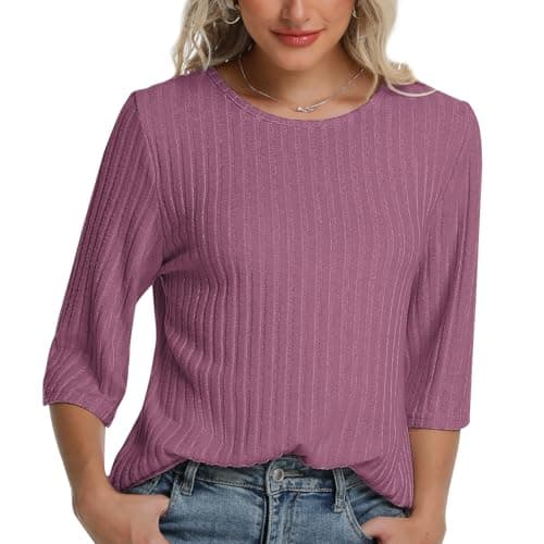 MAGICATELIER Women Fall Outfits Sweaters Tunic Tops Loose Fit Dressy 3/4 Sleeve Crew Neck Business Casual Blouses Plus Size Shirts 2026 Purple - Image 1