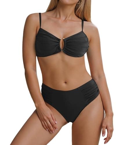 Figninget Women Two Piece Swimsuit Bikini Sets 2025 U Neck Adjustable Spaghetti Straps Bathing Suit Black L - Image 1