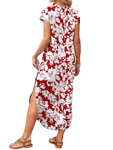 RUMIA Summer Casual Maxi Dresses for Women- Women's V Neck Cap Sleeve Long Sundress with Pockets Beach Vacation - Thumbnail 4