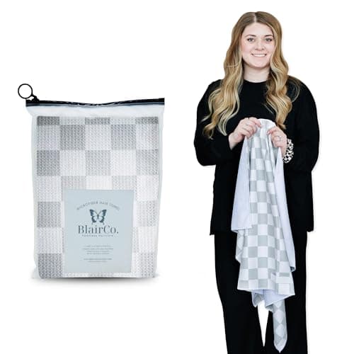 BlairCo. Microfiber Hair Towel Wrap for Women – Quick Dry Anti-Frizz Hair Drying Towel for Long, Curly & Thick Hair – Ultra-Soft Absorbent Hair Turban with Large Loop Closure – Greige Checkered - Image 1