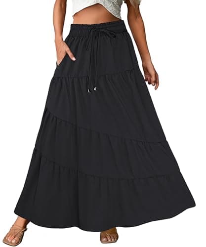 ECOWISH Women Boho Maxi Skirt: Summer Asymmetric Tiered Drawstring Elastic High Waist A-Line Flowy Long Skirts with Pockets 441 Black M - Image 1
