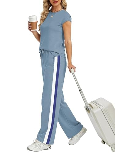 Casly Lamiit Lounge Sets for Women Summer Beach Casual Travel Outfits Short Sleeve Top Wide Leg Pants Set Resort Wear with Pockets 2026 Blue Grey XL - Thumbnail 3