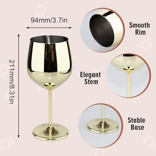 TJ Wine Glasses Stainless Steel Set of 2, Unbreakable Wine Glass 17oz, Wine Accessories Cool Wine Glass, Wine Goblets for Outdoor, Travel, House Warming, Valentines, Anniversary, Gold - Thumbnail 3