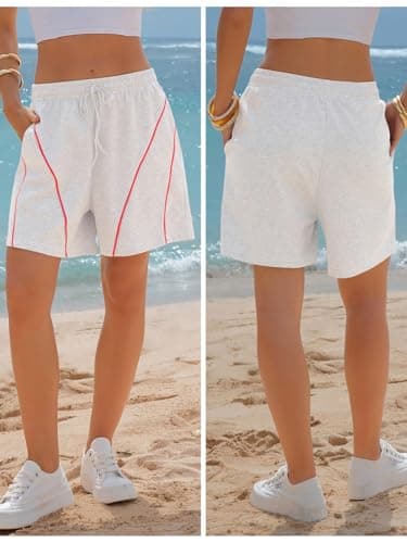 EXLURA Womens Cotton High Waisted Sweat Shorts Summer Athletic Workout Shorts with Pockets Drawstring Lounge Running Short Light Grey - Thumbnail 2