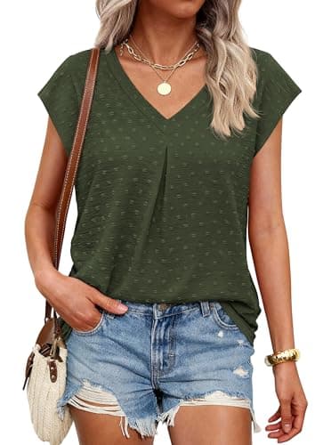 PRETTYGARDEN Women's Summer Blouses Casual Dressy Swiss Dot Cap Sleeve V Neck Tops 2026 Trendy Work Business Spring Shirts (Army Green,XXL) - Image 1
