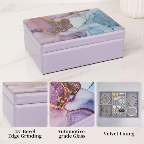 Palinna Glass Jewelry Box for Women Girl Wife-Jewelry Organizer Storage Case With Velvet Lining For Earrings Rings Bracelets,Perfect Birthday, Wedding & Christmas Gift(Marble Pattern - Thumbnail 4