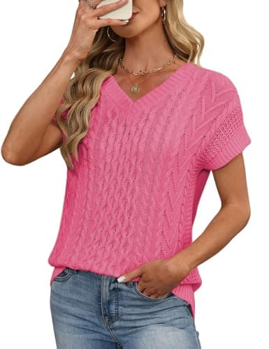 CiCiBird Women's Summer Cable Knit Sweater Vest V Neck Short Sleeve Pullover Top Trendy Loose Fit Pink XL - Image 1