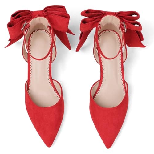 Yremael Women's Red Pointed Toe Pumps Bow Ankle Strap Chunky High Heels Dress Wedding Shoes - Thumbnail 4