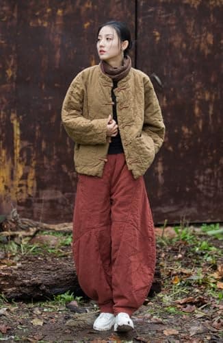 MOYUYUNJIAN Women's Diamond Shaped Jacket Short Cotton Linen Quilted Oversized Coat Button Retro Winter Bohemian Top (US, Alpha, One Size, Regular, Regular, Khaki) - Thumbnail 4