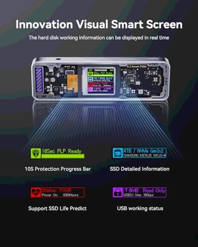 DOCKCASE Explorer Edition M.2 NVMe SSD Enclosure,Support 10s PLP Prevents Write Data Loss,USB 3.2 Gen 2 Type-C (10 Gbps), fits NVMe PCIe,Size 2230/2242/2260/2280,Support M-Key B+M Key UASP (Silver) - Thumbnail 2