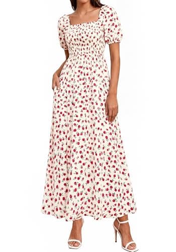 BTFBM Spring Summer Dresses for Women 2026 Puff Short Sleeve Smocked Floral Print Boho Beach Wedding Guest Maxi Dress(Floral Apricot Rose Red, Small) - Image 1