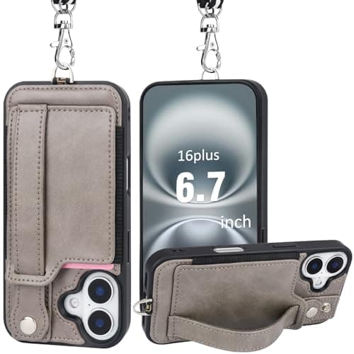 TOOVREN Wallet Case for iPhone 16 Plus Case with Card Holder Kickstand Adjustable Fits iPhone 16 Plus Wallet Case with Neck Strap Lanyard Leather for Women & Men 6.7 Inch Gray - Image 1