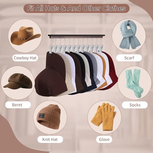 SNOWSTAR Hat Hanger for Closet, 2 Pack Sliding Hat Rack for Baseball Caps, Baseball Hat Organizer Holder with 24 Large Clips, Ball Cap Organizer Wall Space Saving Design - Thumbnail 6