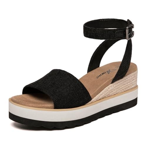 Athlefit Athlfit Women's Open Toe Buckle Ankle Strap Summer Casual Espadrille Platform Wedge Sandals, Black, Size 9.5, AD00442 - Image 1