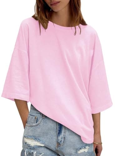 UNCLECAT Womens Oversized Half Sleeve T Shirts Summer Tops Trendy Crew Neck Loose Fit Workout Tee Clothes Pink - Image 1