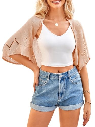 BB&KK Women's Summer Crochet Sweaters Hollow-Out Batwing Short Sleeve Lightweight Open Front Shrug Bolero Cardigans Nude Pink L - Image 1
