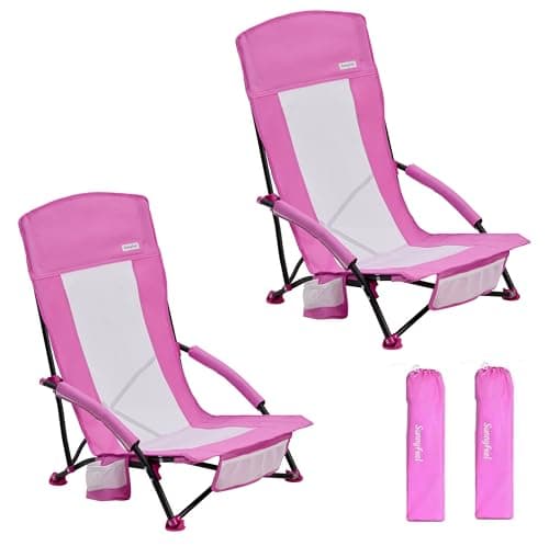 SUNNYFEEL Folding Beach Chair, High Back Beach Chairs for Adults, Lightweight Portable Camp Chair 300lbs Heavy Duty with Carry Bag, Cup Holder for Outdoor Travel Picnic Concert, 2 Pack, Pink - Image 1