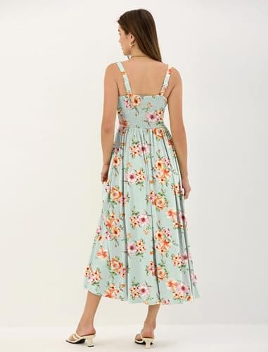 ZAFUL Women Summer Floral Midi Dress Corset Smocked Flowy A Line Sundress Wedding Guest Dresses with Pockets Light Green L - Thumbnail 3