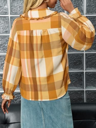 Tankaneo Womens Peter Pan Collar Button Down Shirts Long Sleeve Plaid Blouse Dressy Casual Fall Tops Yellow - Thumbnail 5