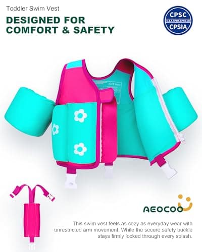AEOCOO Kids Pool Floaties 1-2-3-5-7-9 Years Old, Toddler Swim Vest 20-30-50-70 Pounds, Comfortable Extended Wear Kids Float Jacket with Crotch Strap, Bright Design and Unpadded Sides, Pink - Thumbnail 2