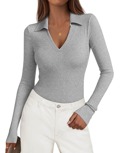 KIRUNDO Polo Shirts for Women Long Sleeve Business Casual Tops 2026 Spring Fall Ribbed Knit Collared V Neck Slim Work Blouses(Grey, Medium) - Image 1