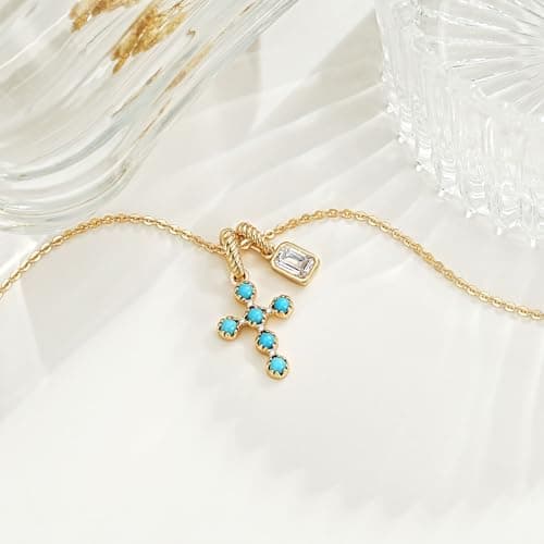 Fettero Gold Cross Necklace for Women - 14K Gold Plated Dainty Removable Turquoise Cross Pendant Charm CZ Gold Necklace for Women Trendy Faith Jewelry Christian Religious Gifts - Thumbnail 3
