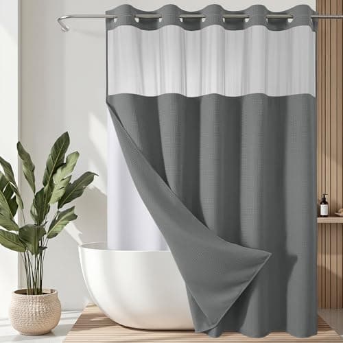 VANZAVANZU Hookless Shower Curtain with Mesh Top and Snap in Waterproof Liner, Waffle Weave, Weighted Magnets Hem, Machine Washable, 72 x 75 Inches – (Gray) - Image 1