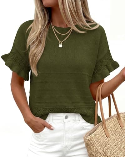 KIRUNDO Short Sleeve Sweater for Women 2026 Spring Summer Tops Crochet Round Neck Ruffled Hem Knit Pullover Casual Blouse(Army Green, XX-Large) - Thumbnail 2