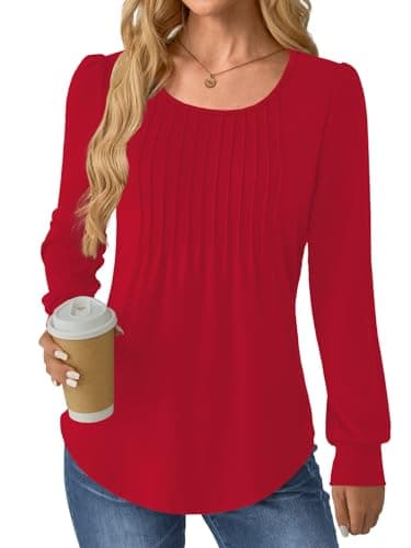 GKBK Women Long Sleeve Shirts Fall Tops Dressy Pleated Scooped Neck Tunic Tops for Leggings Red L - Thumbnail 4