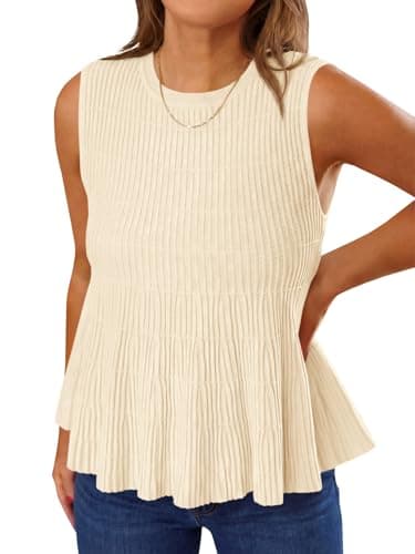Saodimallsu Womens Peplum Ribbed Tank Tops Cute Sleeveless Knit Ruffle Crew Neck 2026 Summer Sweater Vest Beige - Image 1
