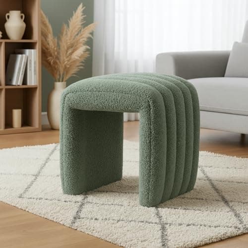 SEYNAR Modern Boucle Upholstered Ottoman,Small Accent Footrest Bench,Upholstered Cube Seat for Bedroom,Living Room,Entryway(Green)