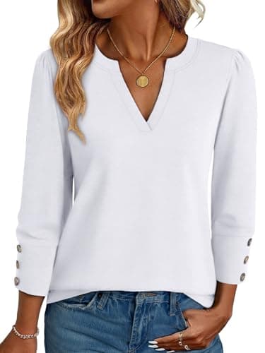 NORACORA 3/4 Length Sleeve Womens Tops with Button Cuffs Dressy Casual Blouses for Women V Neck T Shirts Beach Vacation Spring Summer Outfits White M - Image 1