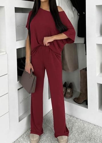 KIRUNDO Two Piece Sets for Women Lounge Airport Travel Vacation Outfits 2026 Summer Off Shoulder Tops Matching Wide Leg Pants(Burgundy, Large) - Thumbnail 2