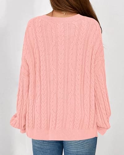 KIRUNDO Oversized Chunky Cable Knit Sweater Women 2026 Fall Fashion Cozy Long Sleeve Crewneck Pullover Winter Clothing(Pink, Medium) - Thumbnail 2
