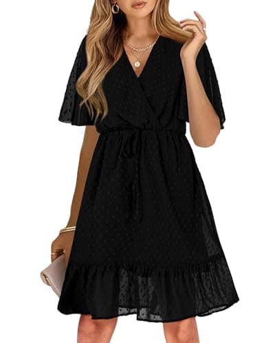 KIRUNDO Womens Summer Dresses 2026 Casual Spring Short Sleeve V Neck Ruffle Swiss Dot High Waist Belted Flowy Mini Dress, Style2-black, Medium - Image 1