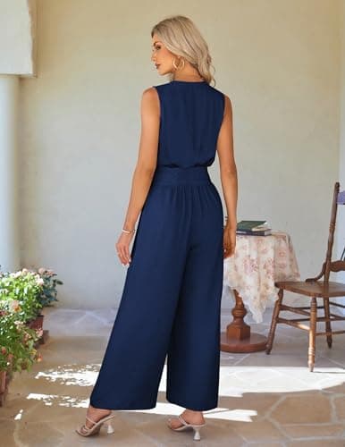 LOOKBOHO Jumpsuits for Women Dressy Summer V Neck Sleeveless Wide Leg Long Pants Romper Fashion Travel Outfit(NB,XL) - Thumbnail 3