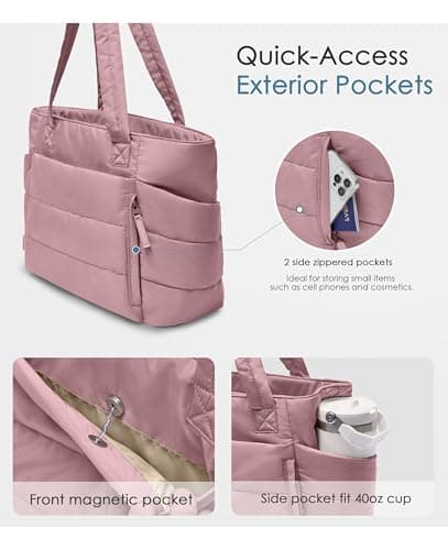 Tote Bag for Women with Zipper, Quilted Puffer Tote Bag with Compartments, Lightweight Puffy Work Bags for Women Travel (Mauve Pink - Thumbnail 3